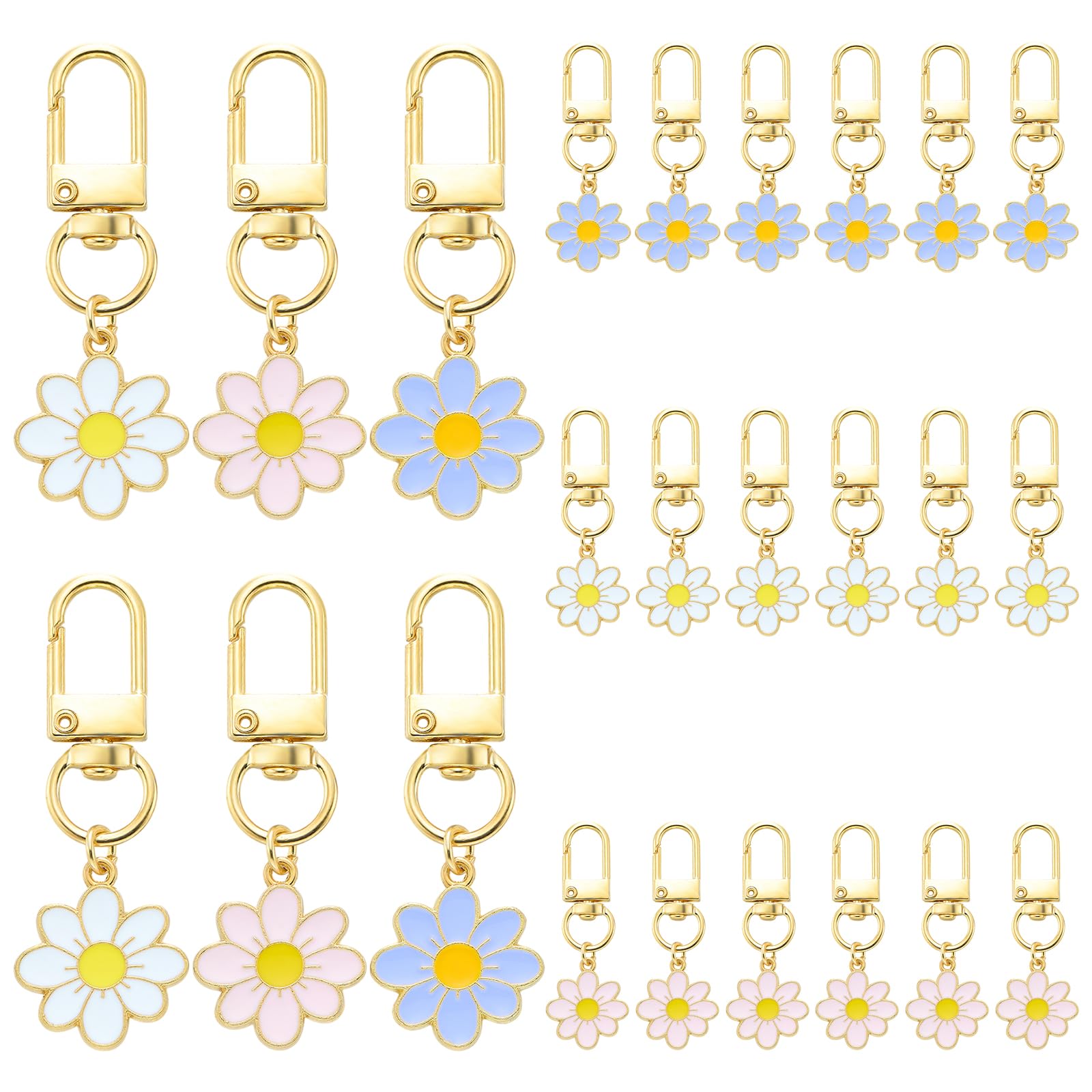 WEWAYSMILE 24Pcs 3Style Flower Keychain Charm Cute Keychains Bulk Enamel Aesthetic Floral Keychain Party Favors Small Bag Charms for Handbags Coin Purse,Headphone Case,Gift Bag Decoration