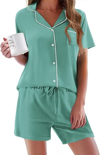 Ekouaer Pajamas Set for Women Short Sleeve Sleepwear Button Down