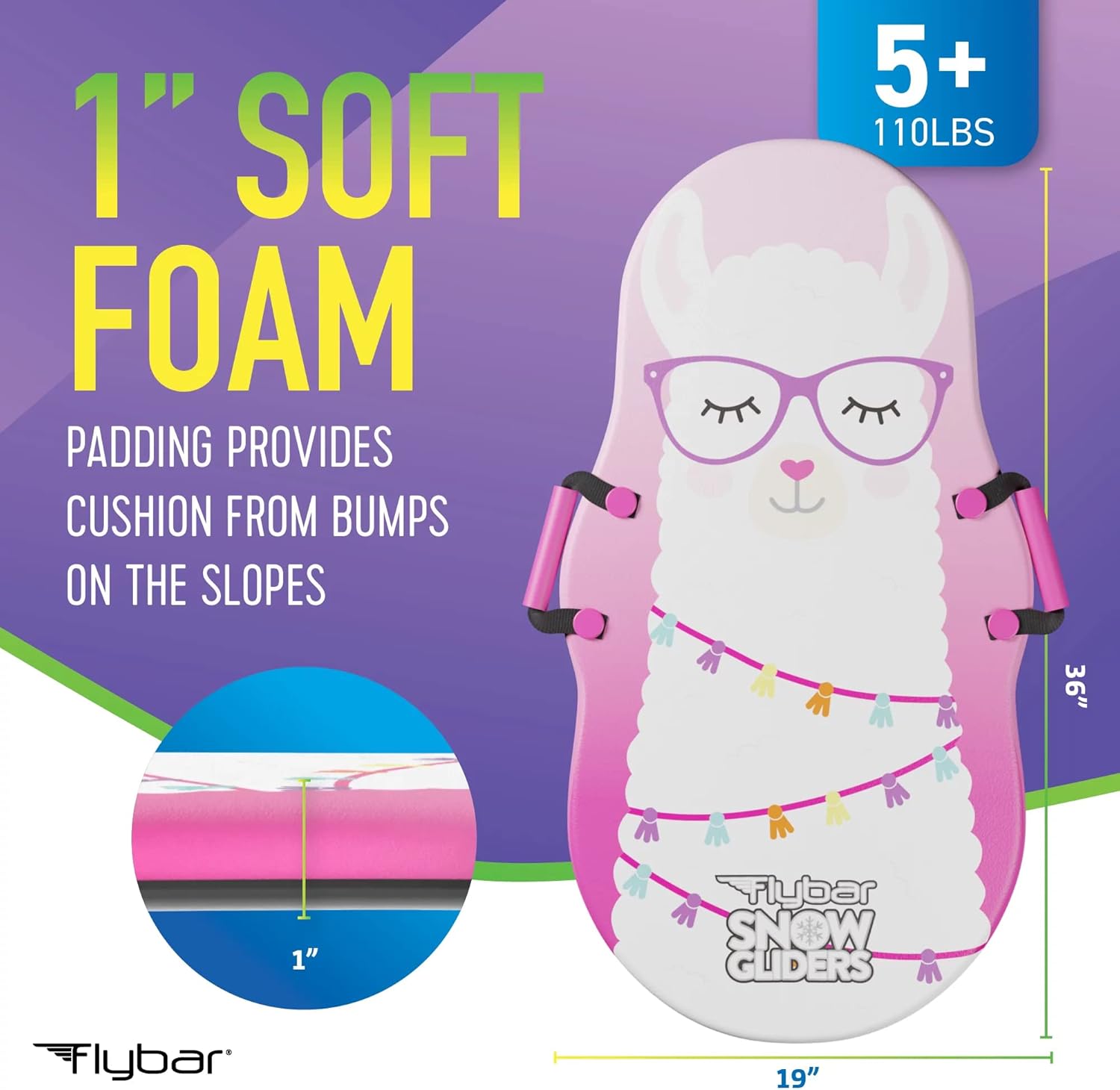 Flybar Snow Sled for Kids and Toddlers- Foam Toboggan, Ages 6+, Easy Grip Handles, Durable with Slick Bottom & PE Core Build, Lightweight Snow Boards, Snowboard Toys for Outdoor, Up to 110 lbs, 36" Pink Llama