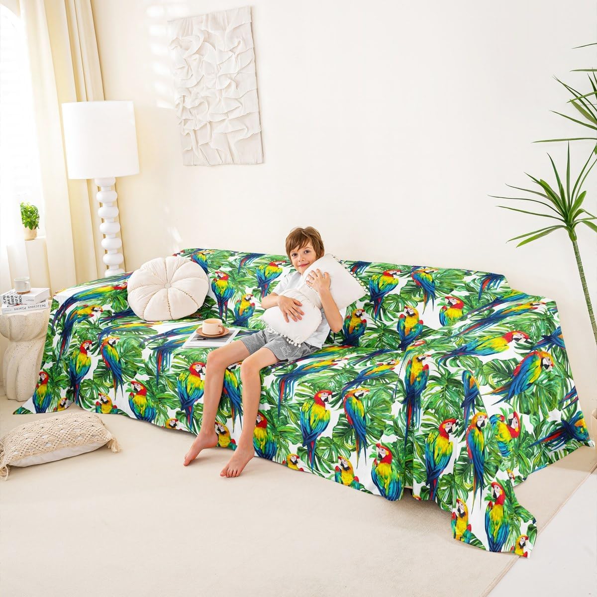 Erosebridal Parrot Couch Protector 91" x 118" Hawaiian Tropical Leaves Sofa Cover Birds Floral Sofa Slipcover Green Blue Couch Cover
