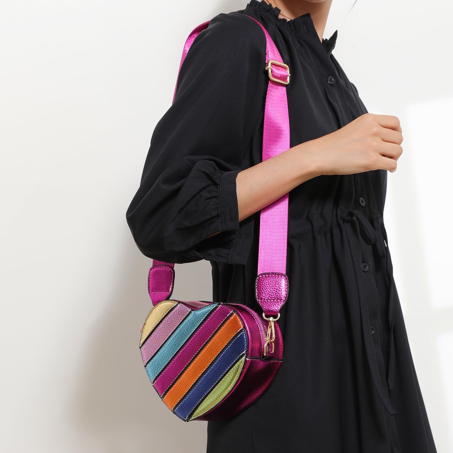 Naimo Womens Heart Shape Bag Rainbow Stripe Purse Crossbody Bags PU Leather Metallic Shoulder Chain Bag