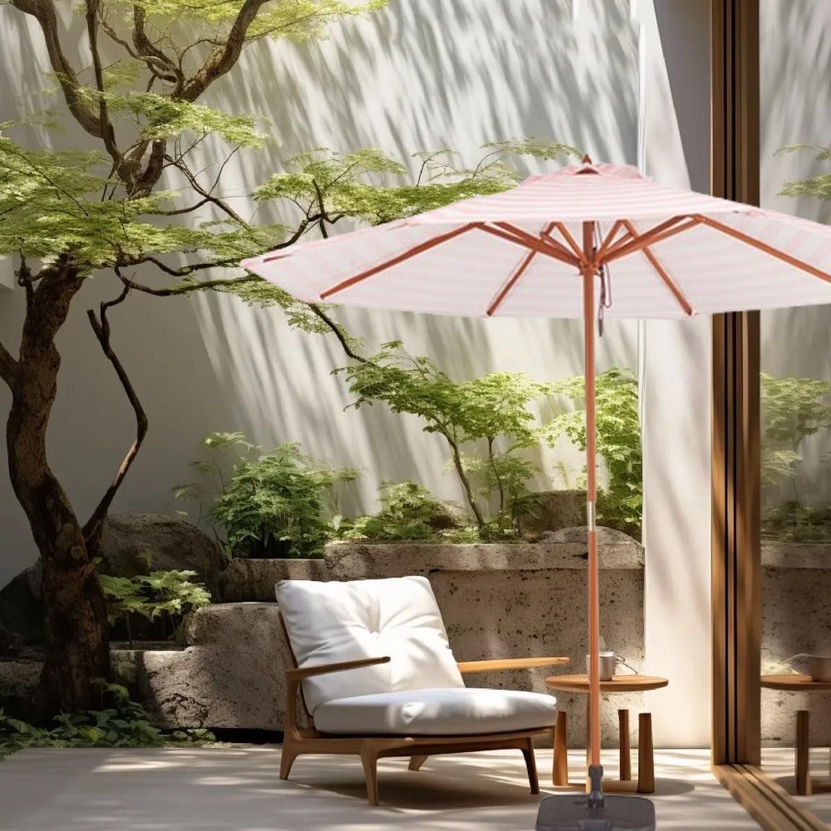 Duży Parasol Przeciwsłoneczny 9 Stóp, Różowy, Okrągły Stół Ogrodowy, Drewniany Parasol Z 8 Żebrami, Parasol Sun Shane Na Taras, Basen I Podwórko