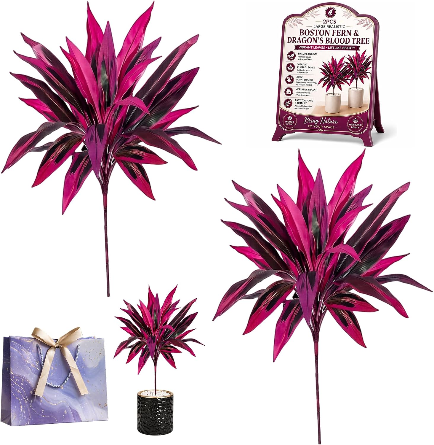 23.6in Artificial Ti Plant, 2PCS Large Realistic Artificial Boston Fern & Dragon's Blood Tree, Vibrant/Leaves, Fake Floor Plant for Living Room, Office, Entryway Décor (6 PCS)