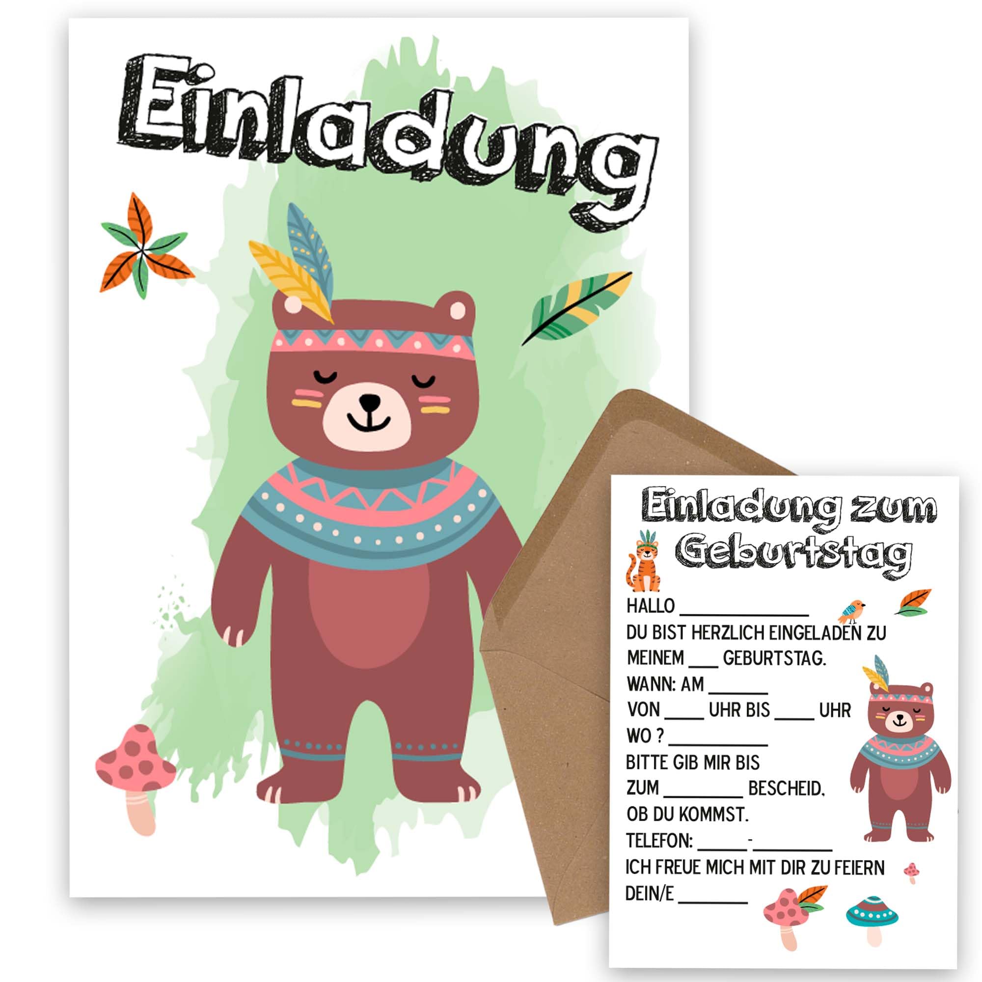 OWLBOOK Bär Boho Braunbär 50 Einladungskarten Kindergeburtstag Junge Mädchen Kinder - Wilde Tiere Geburtstag - Kindergeburtstagseinladungen Wald Tiere Zoo Dschungel Einladungen zum Ausfüllen mit