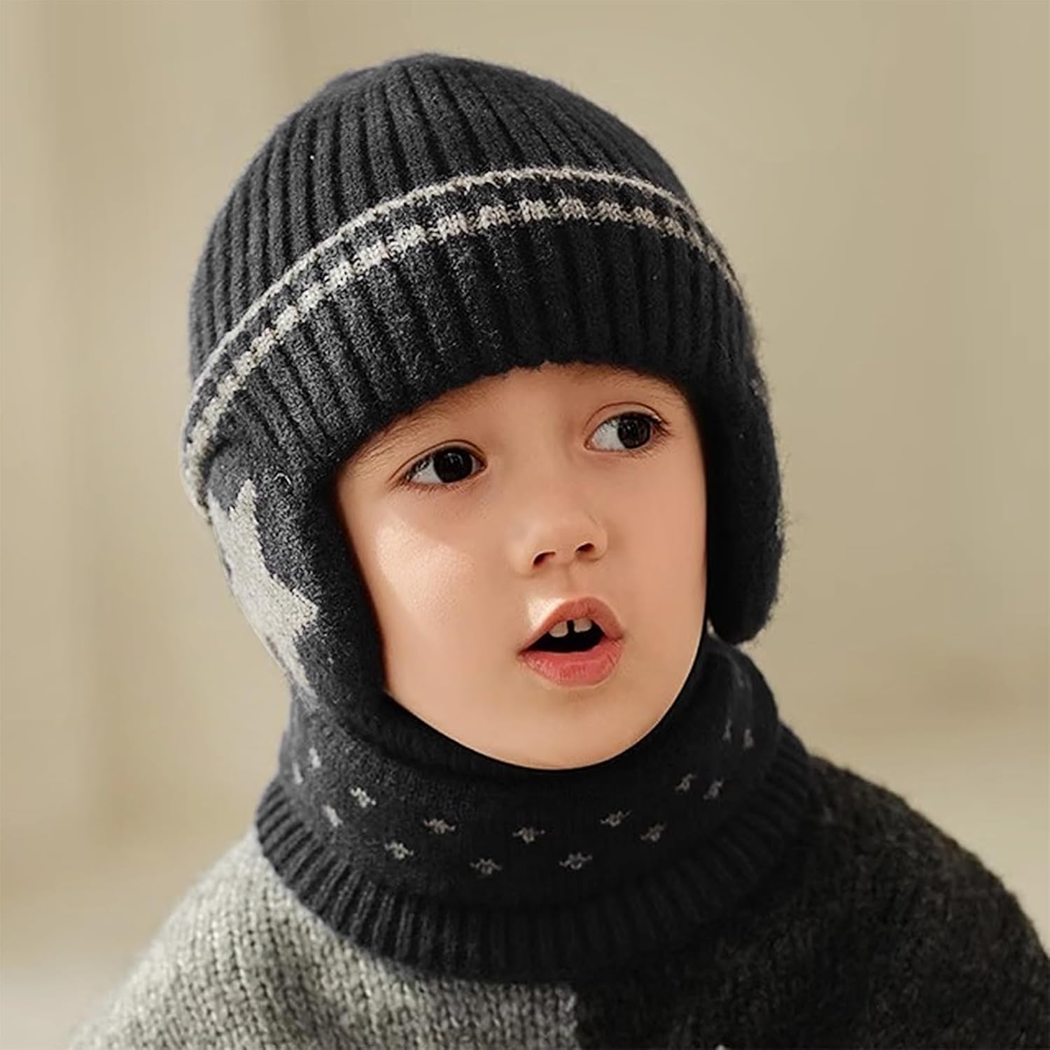 Kids Winter Beanie Hat Scarf Set Soft Warm Knitted Skull Cap with Ear Flaps Thick Fleece Lined Neck Warmer for Boys Girls - Image 7
