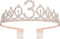 Vista 4 de Tiara de cumpleaños de oro rosa, banda y corona para niñas de tercer cumpleaños, suministros de recuerdo de fiesta