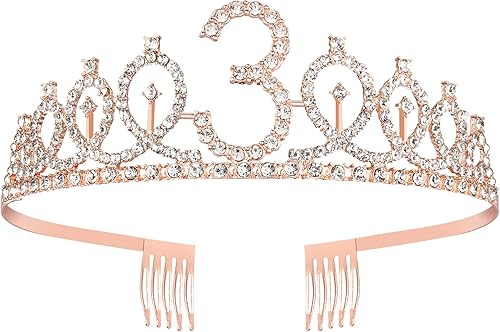 Miniatura 4 de Tiara de cumpleaños de oro rosa, banda y corona para niñas de tercer cumpleaños, suministros de recuerdo de fiesta