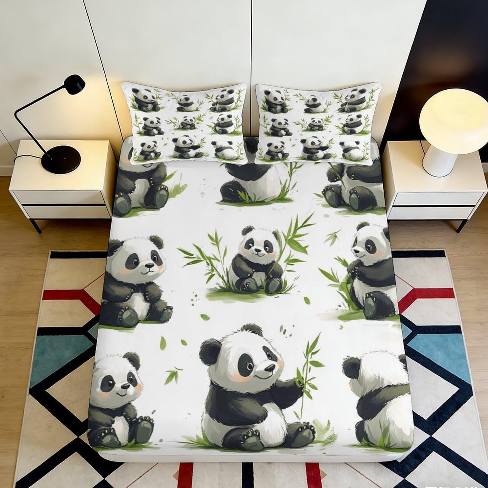 3D Printed Panda Bamboo Fitted Sheet Microfiber Soft Breathable Panda Leaves Bed Cover for Bedroom Dorm Decor 90x200x25cm