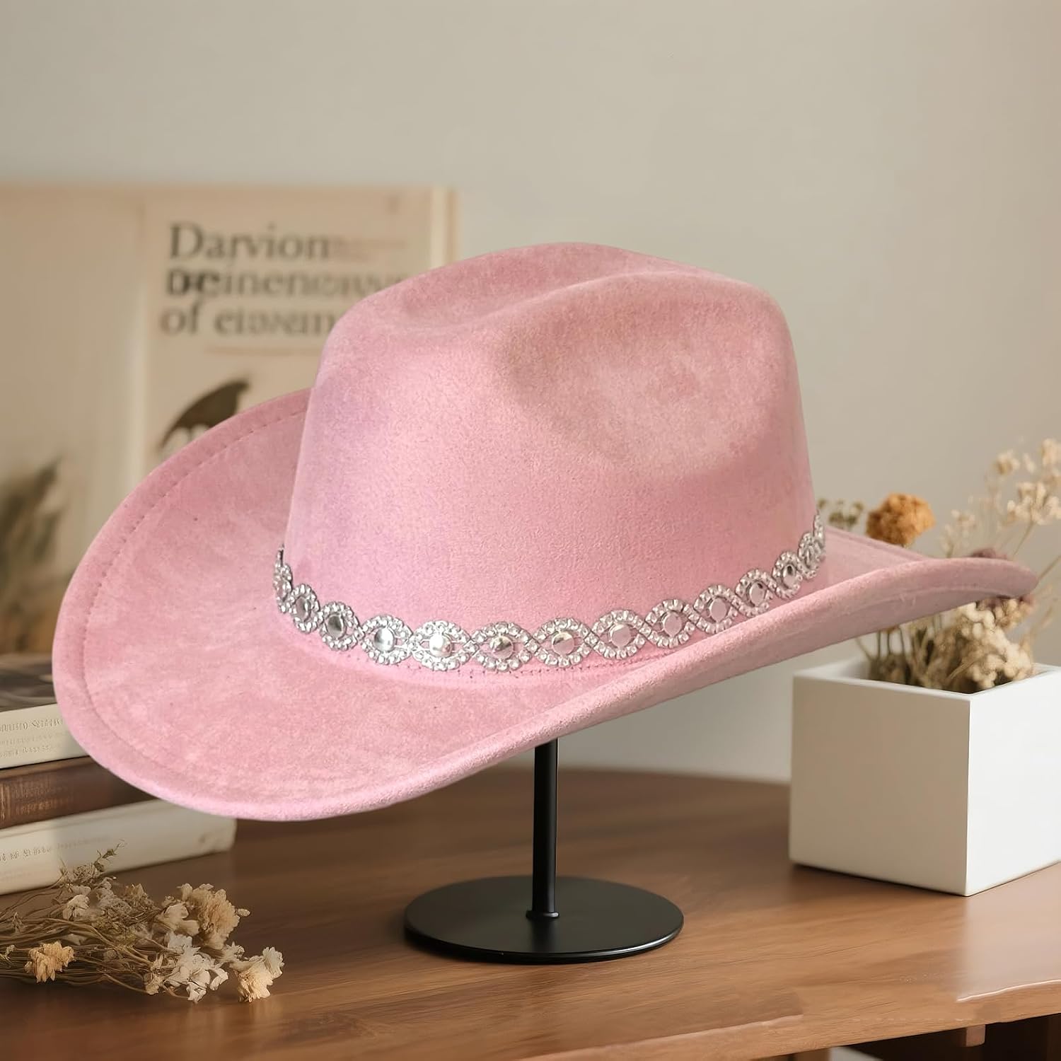 Adults Rhinestone Western Cowgirl Hats Elegant Wide Brim Fedora Caps for Women and Men