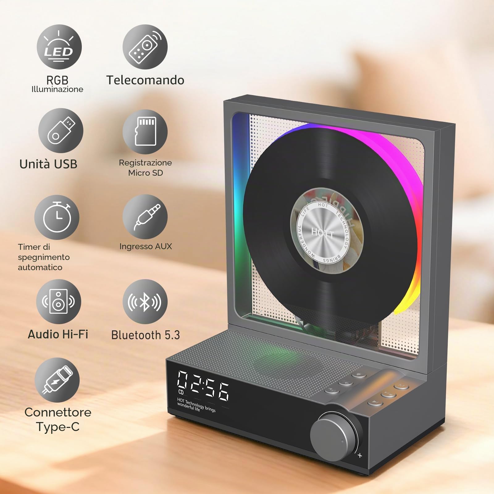 HOTT Lettore CD da scrivania con telecomando, lettore CD Bluetooth 5.3 con luci RGB, altoparlante HiFi, riproduzione di schede TF e trascrizione, schermo LED, timer (bianco)