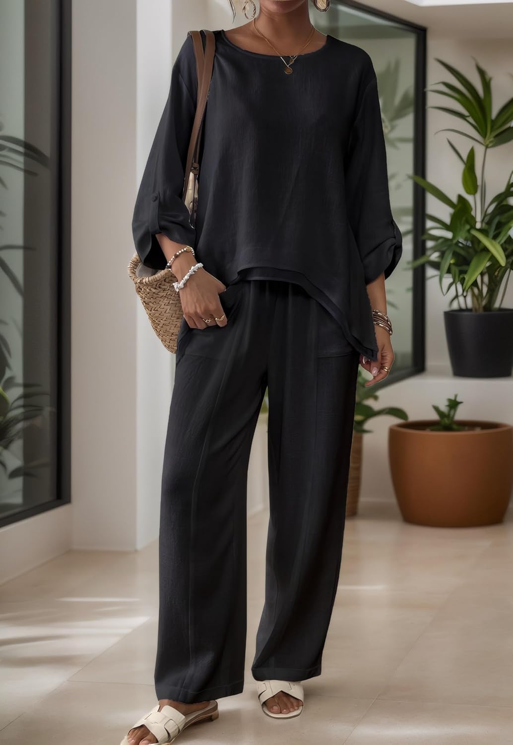 Women's Linen 2 Piece Outfits Rolled Sleeves Tops Wide Leg Trouser Pants Suits Summer Casual Dressy Linen Sets - Image 2