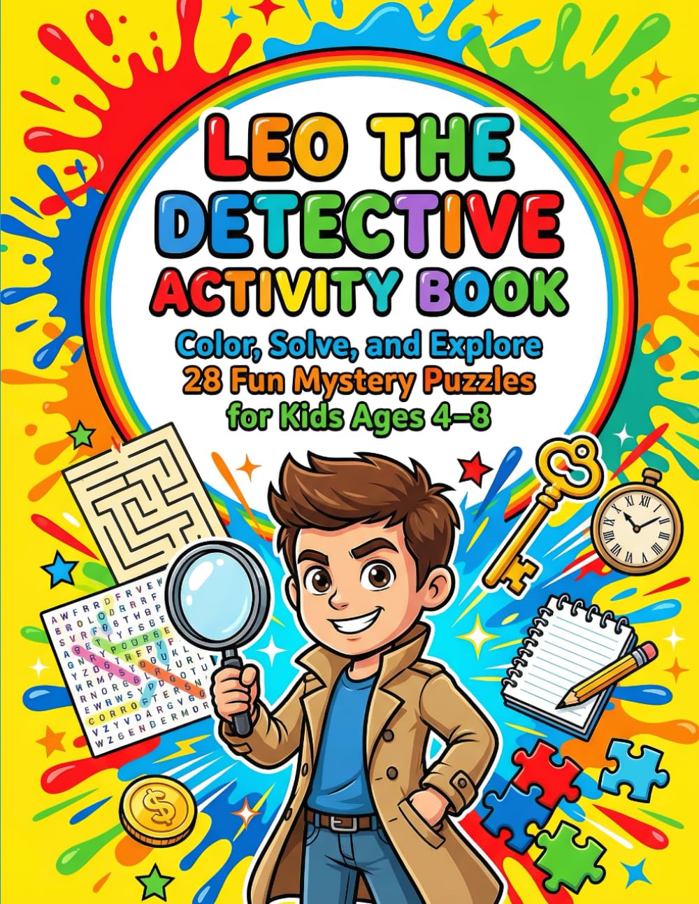 Leo The Detective Activity Book: Color, Solve, and Explore 28 Fun Mystery Coloring and Puzzles For kids Ages 4-8