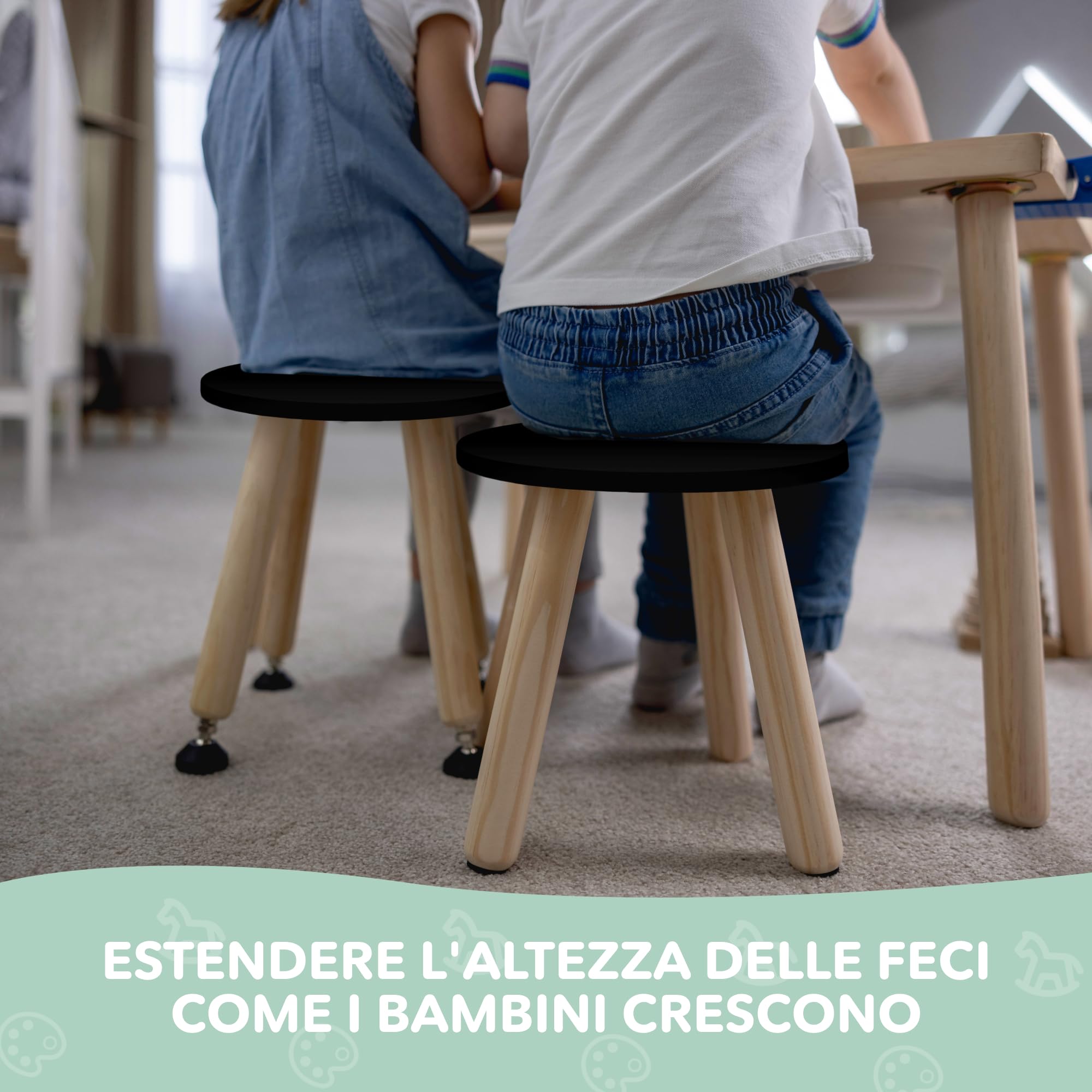Cateam Montessori - Sgabello in legno, regolabile, con piedini antiscivolo, per bambini, per bagno, cucina e sala giochi, set da 2, colore: nero