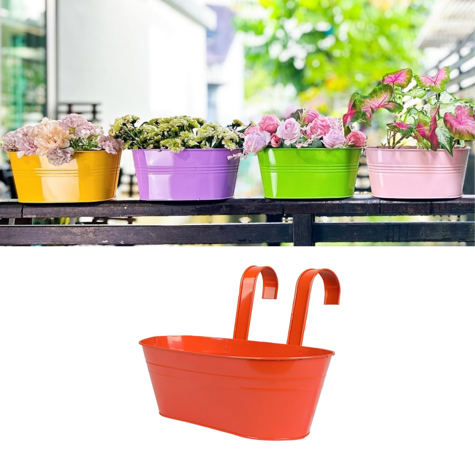 Metal Hanging Flower Pots, Large Plant Pot with Detachable Hooks Balcony Planters for Outdoor, Iron Plant Pots Hanging Fence Planters for Fence Balcony Garden Home Decor (Orange)