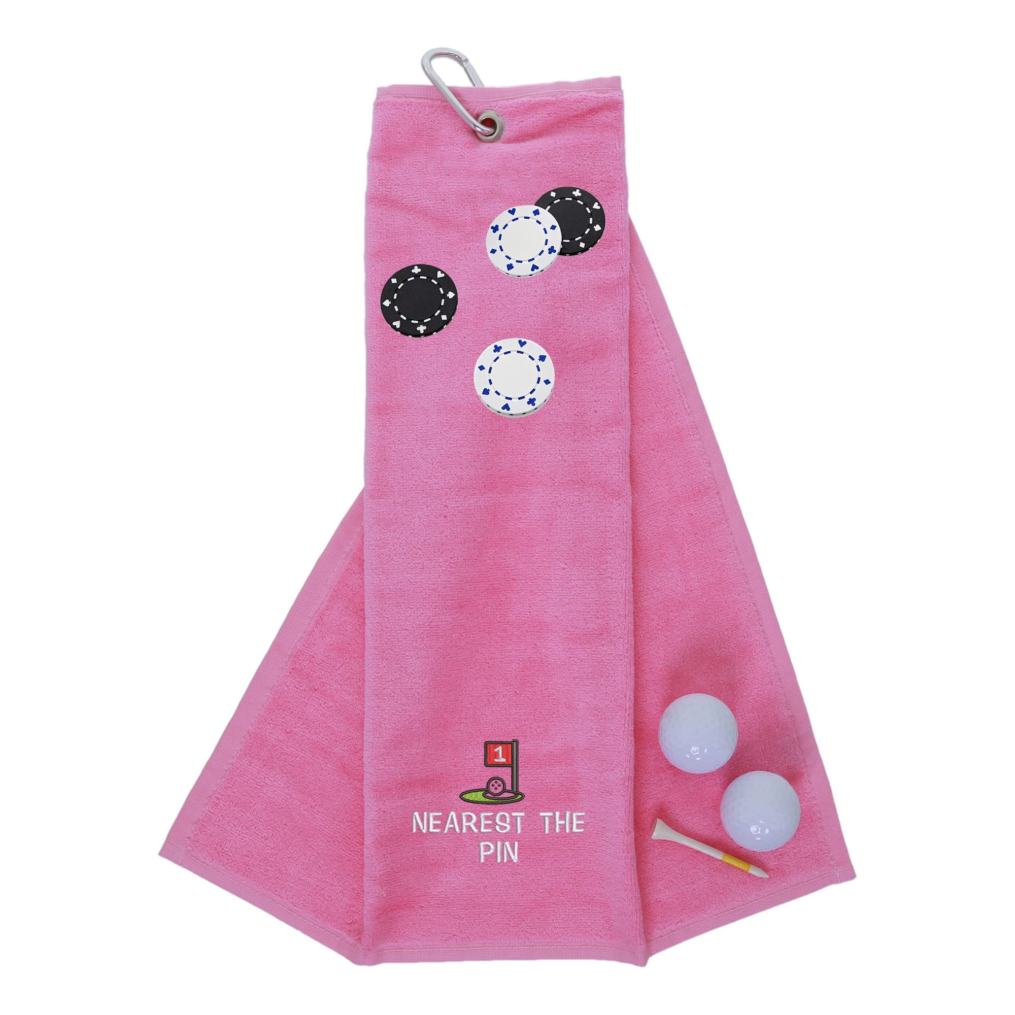 Funny Trifold Golf Towel and Poker Chip Marker Set Gift for Men, Carabiner Clip for Golf Bags, Nearest The Pin, Pink