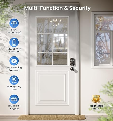 Miniatura 5 de Veise Cerradura de puerta de huellas dactilares con 2 perillas, cerradura de puerta de entrada sin llave con asa, cerrojo de teclado electrónico,