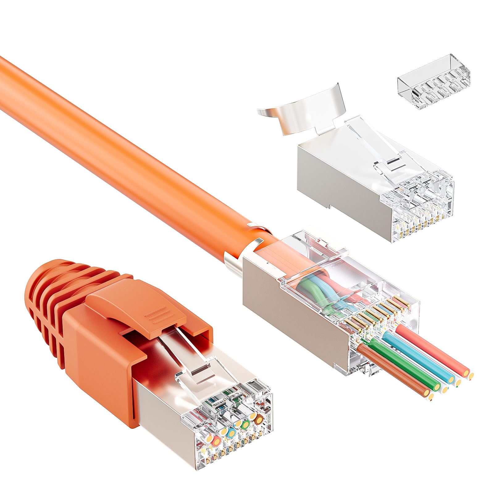 iwillink 10 Stück RJ45 Stecker CAT 7, 50μ Vergoldet - Geschirmt -10Gbps-Pass Through, Netzwerkstecker Cat7 Cat6a mit Einfädelhilfe und Knickschutz