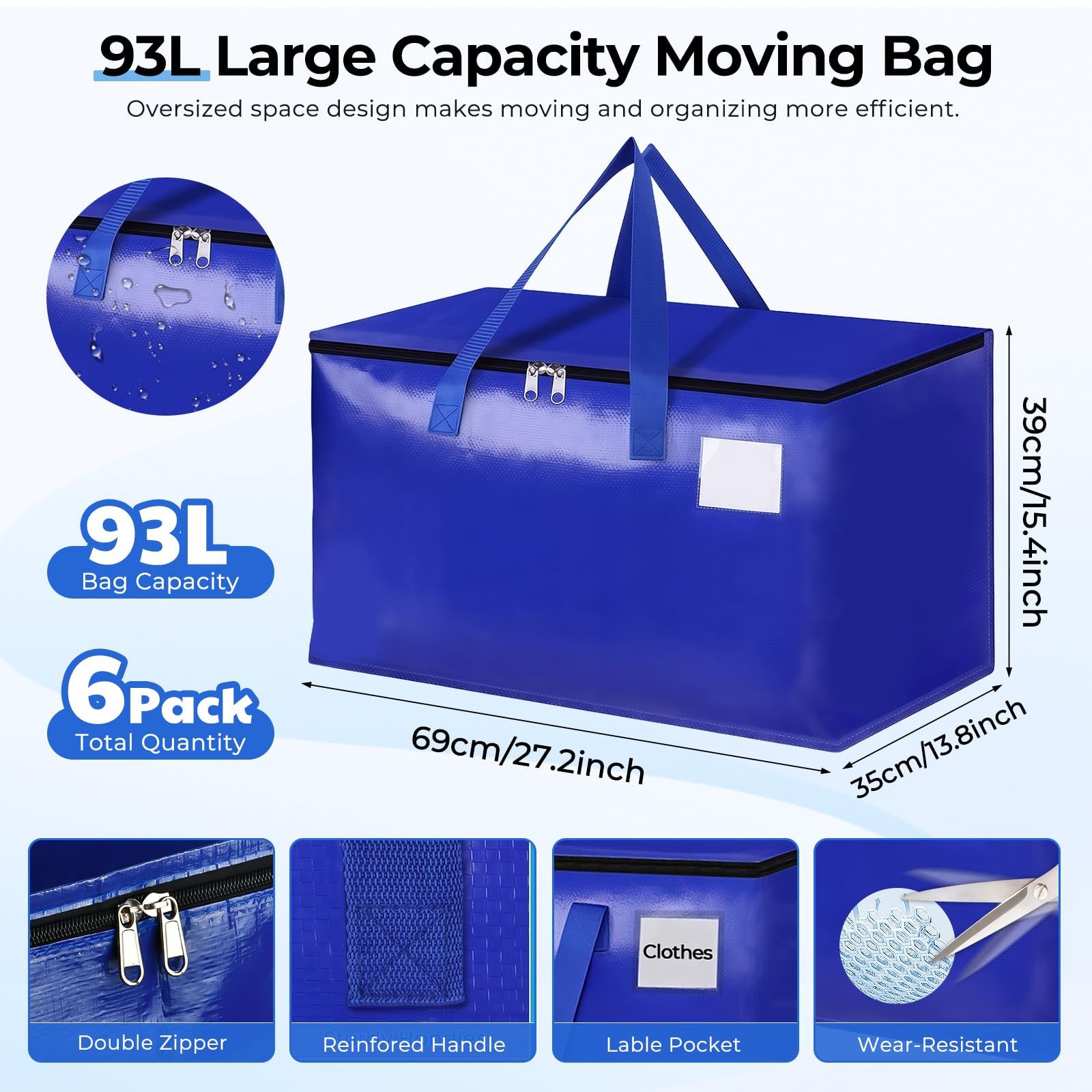 93L sac demenagement, Lot de 6 Imperméable Sacs de Déménagement avec Fermeture éclair et Poignée,Grand Sac de Rangement,Sac Rangement Vetement pour le Vêtement,Couettes et Linge de Lit (Bleu)