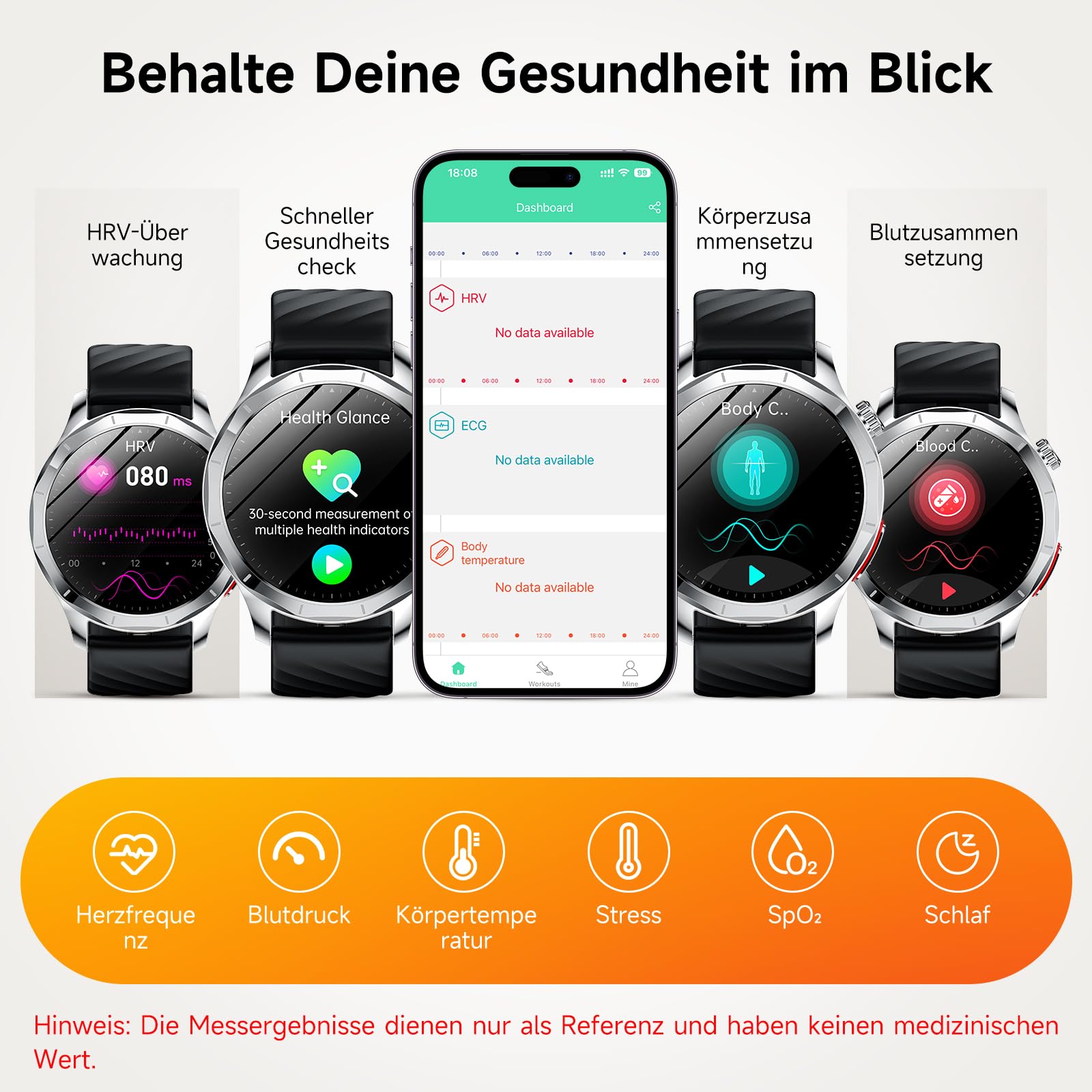 2026 Neu Smartwatch Herren mit EKG/HRV/BMI/Harnsäure, 1,43" AMOLED Gesundheitsuhr mit 24H Blutdruck Herzfrequenz SpO2 Körpertemperatur Schlafmonitor SOS-Notruf Fitnessuhr Android/iOS