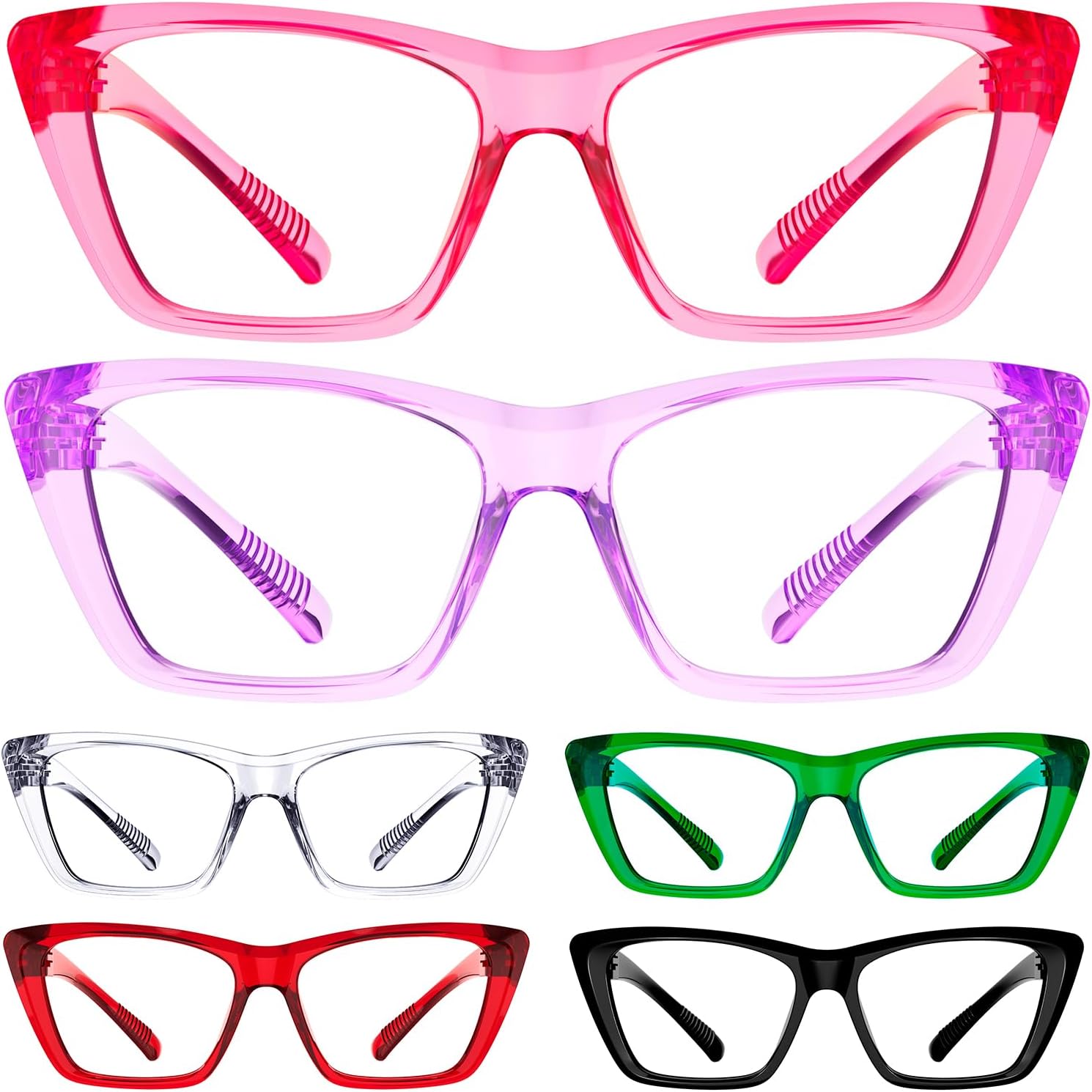 Eyekepper Cat Eye Reading Glasses with Screwless Spring Hinges Metalless 6 Pack for Women Large Thick Frame Readers +0.50