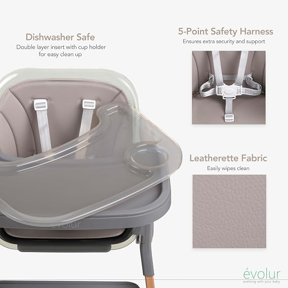 Evolur Tiny Throne 3-in-1 Convertible High Chair, Removable & Dishwasher Safe Tray, Converts to Booster Seat & Adult Stool, Easy-to-Clean Feeding Solution Fossil Gray