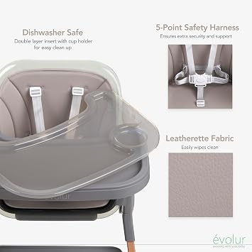 Evolur Tiny Throne 3-in-1 Convertible High Chair, Removable & Dishwasher Safe Tray, Converts to Booster Seat & Adult Stool, Easy-to-Clean Feeding Solution Fossil Gray