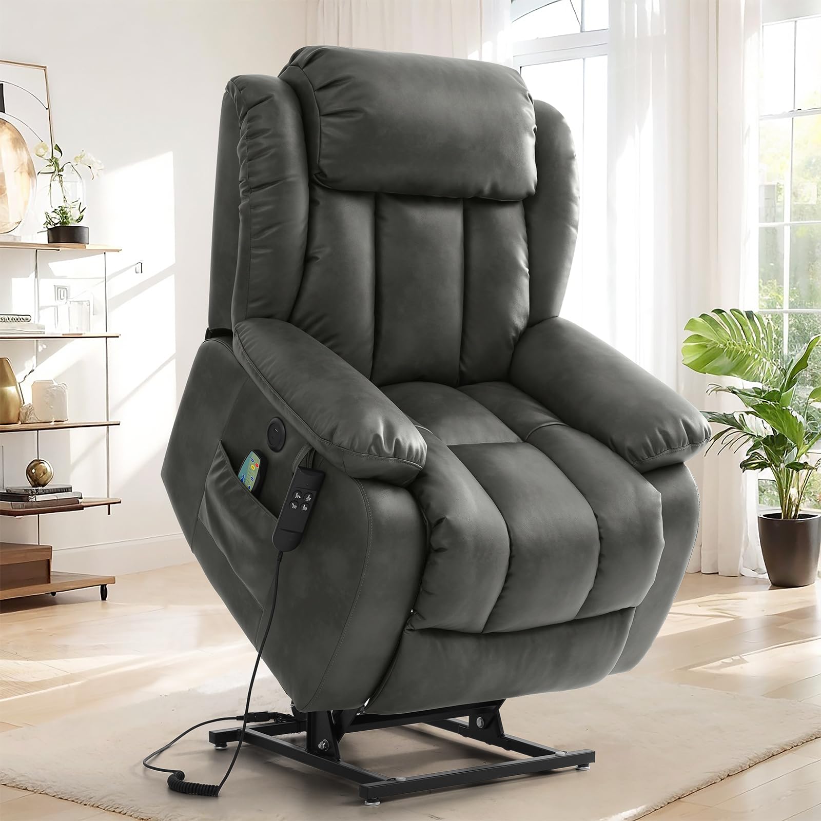 COHOME Infinite Position Recliner with Massage and Heating, Dual-Motor 180°Lay Flat Recliner Chair for Adults,Heavy-Duty Faux Leather Power Lift Recliner for Elderly, Remote Control&USB Ports(Black