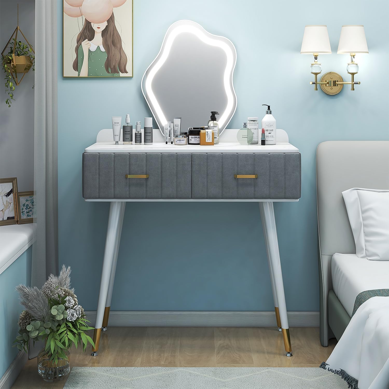 FUTERMUS Vanity Desk with Mirror and Lights, Velvet Makeup