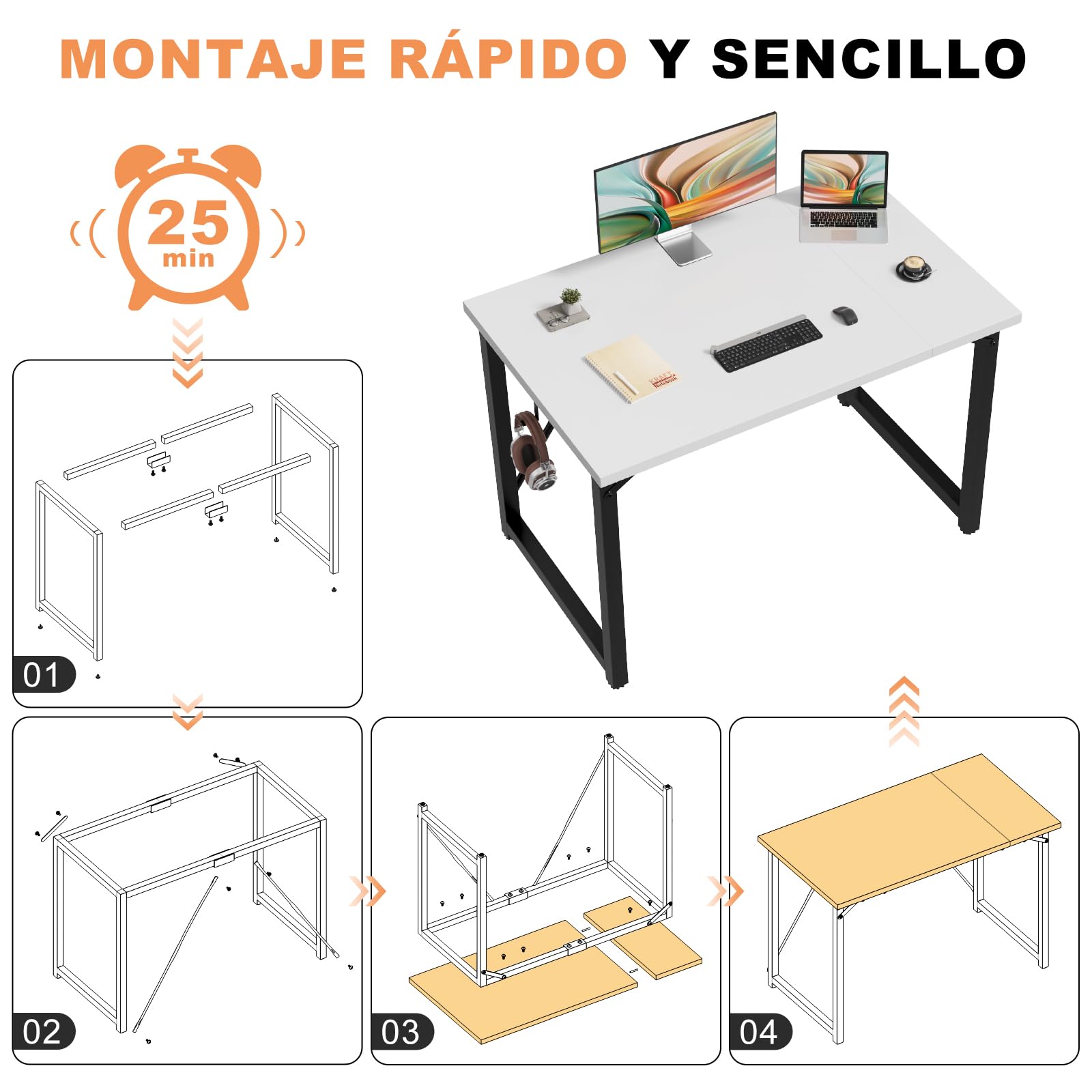 Devoko Escritorio pequeño para Ordenador, 100 x 50 x 73 cm Escritorio, Mesa de Oficina en casa, Escritorio para Ordenador portátil, Mesa de Diseño Industrial Blanco