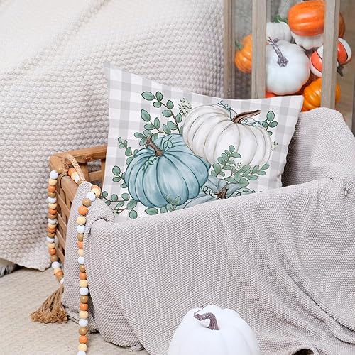 Miniatura 3 de AACORS Funda de almohada de otoño de 16 x 16 pulgadas, decoración de hojas de eucalipto y calabaza de búfalo, decoración de otoño, Acción de