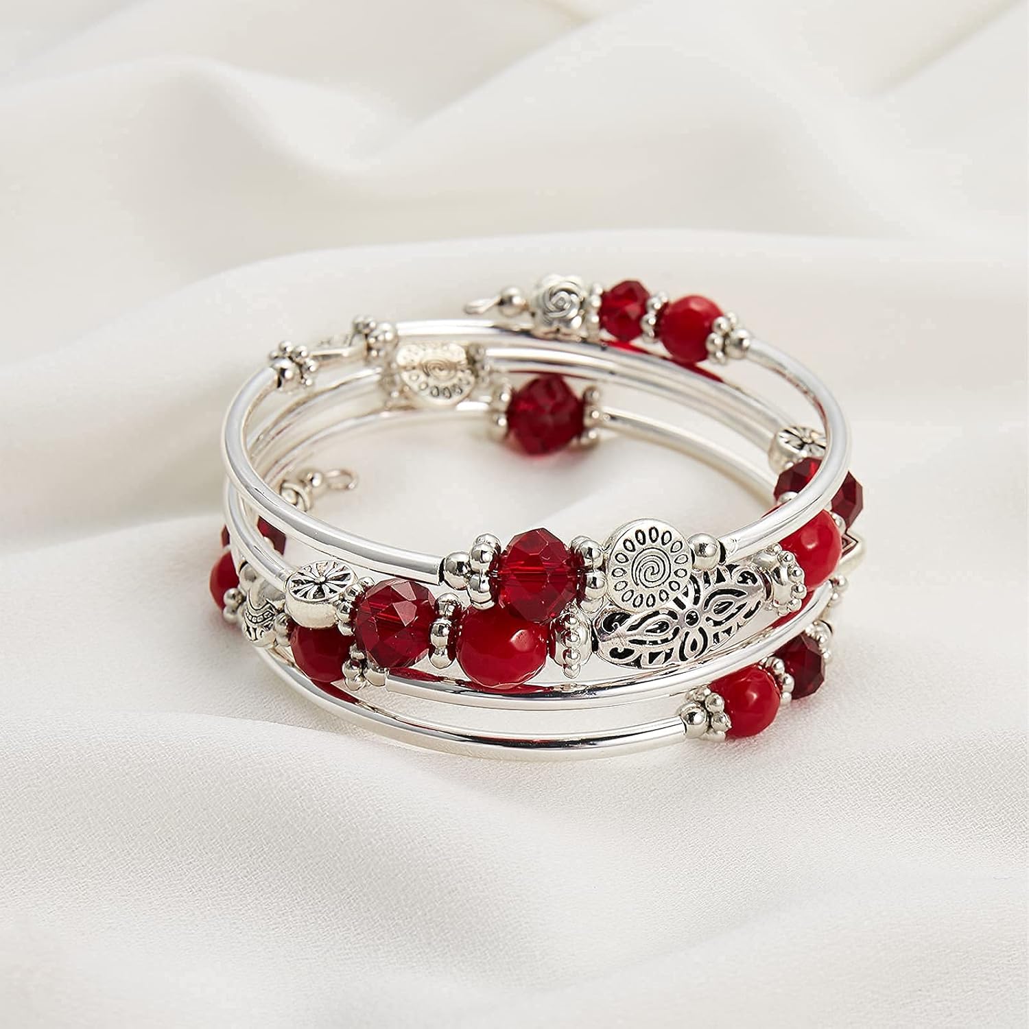 FULU AUTUMN Stackable Beaded Bracelets for Women Boho Wrap Silver Bracelet Layered Fashion Jewelry Gifts for Her - Image 5