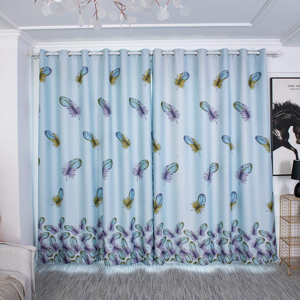 Boyouth Zasłony zaciemniające z pierzami w stylu boho z nadrukiem, zasłony i zasłony do sypialni, salonu, niebieskie, 140 na 270 cm, 2 panele