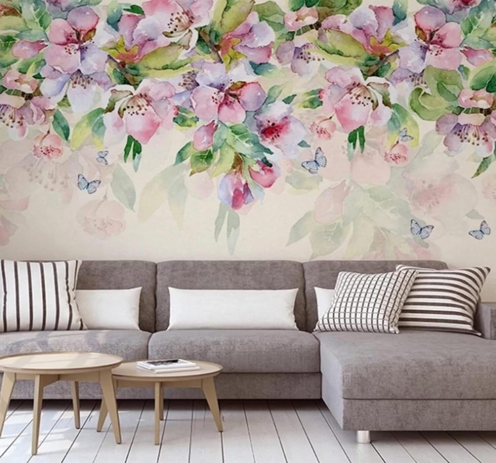 XLMING Hand Drawn Watercolour Pink Flowers Green Leaves 3D Wallpaper Luxury Silk Study Dining Feature Sofa Grey Bedroom Living Room Tv Decorative Wall-350cm×256cm