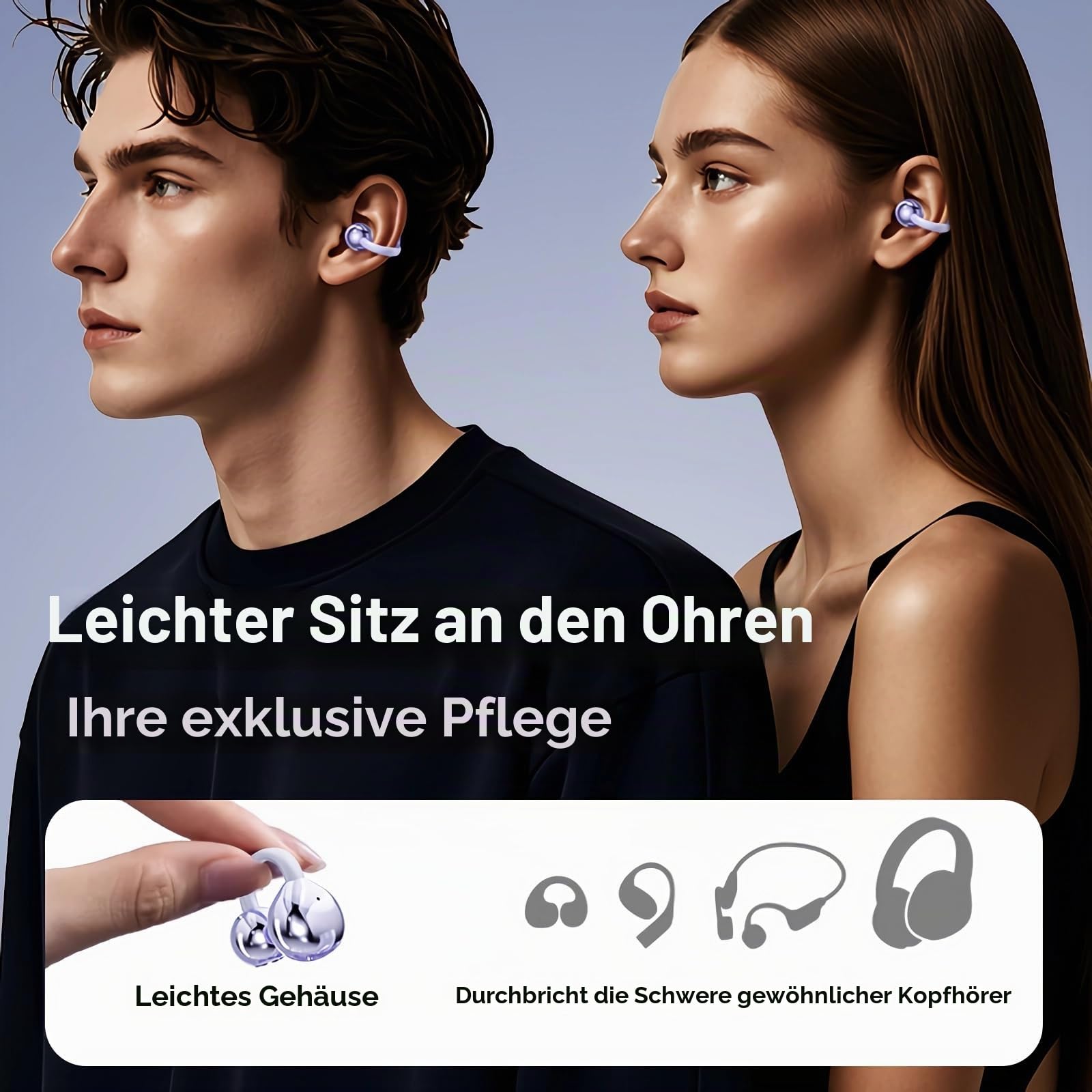 PTHTECHUS Open Ear Kopfhörer Bluetooth, Open-Ear-Clip Kabellose Kopfhörer mit 4,3g Lightweight, Bluetooth 5.4 Clip On Kopfhörer, Komfort-Ohrhörer, 65 Std Laufzeit für Sport Arbeit Studium (Lila)