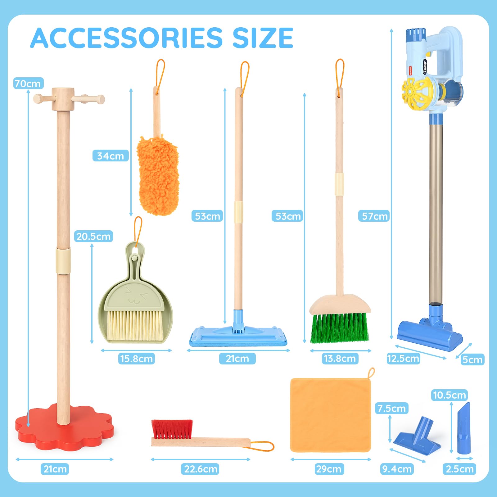 Dreamon Aspirateur pour enfant avec fonction d'aspiration et sonore, 11 pièces, kit de nettoyage, jouet en bois, balai pour enfants à partir de 3 ans