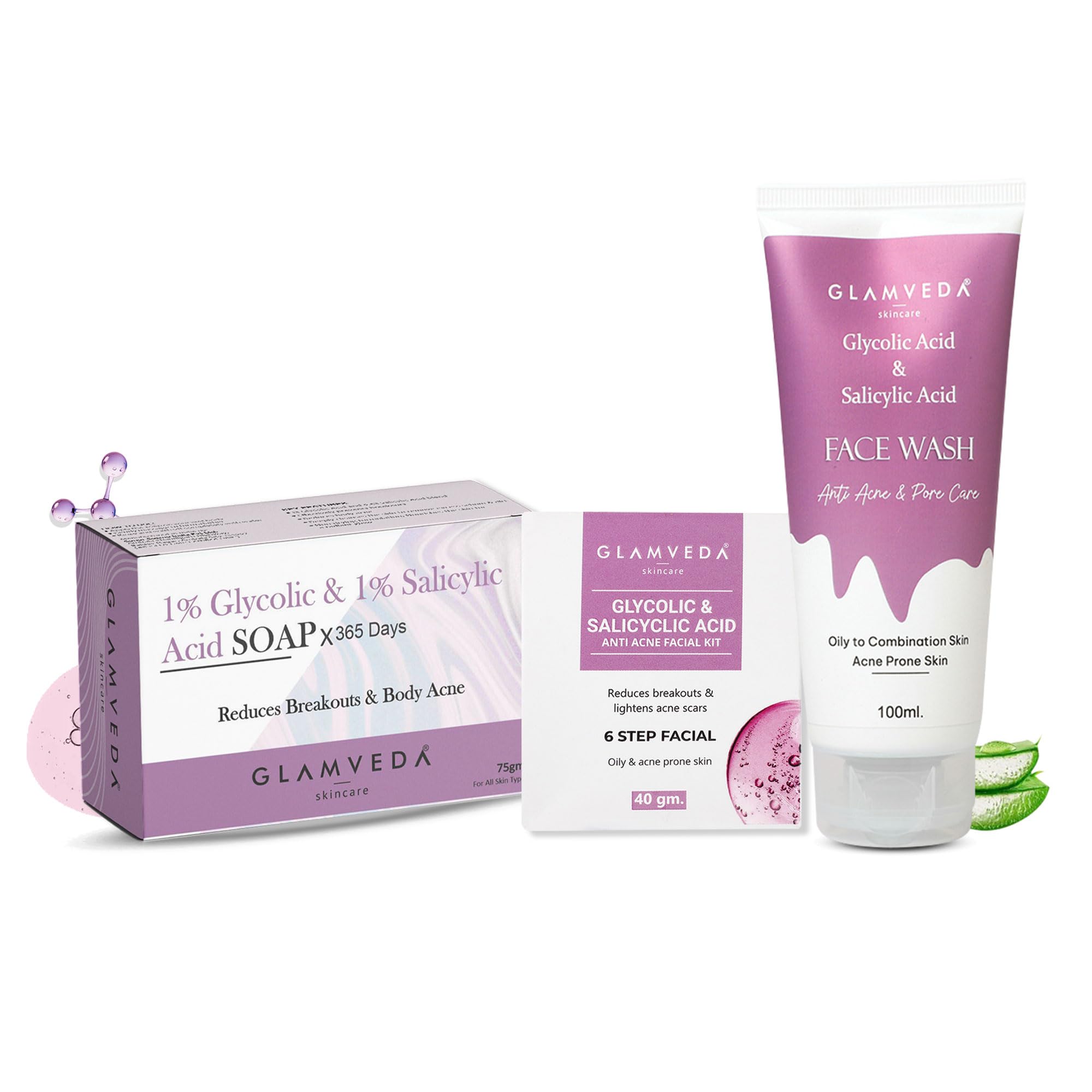 Glamveda 1% ww Glycolic Acid & 1% ww Salicylic Acid Anti-Acne Kit | Reduces Dark Spot & Body Acne | Face Wash + Soap + Facial Kit | Skincare Routine for Women & Men-image-21