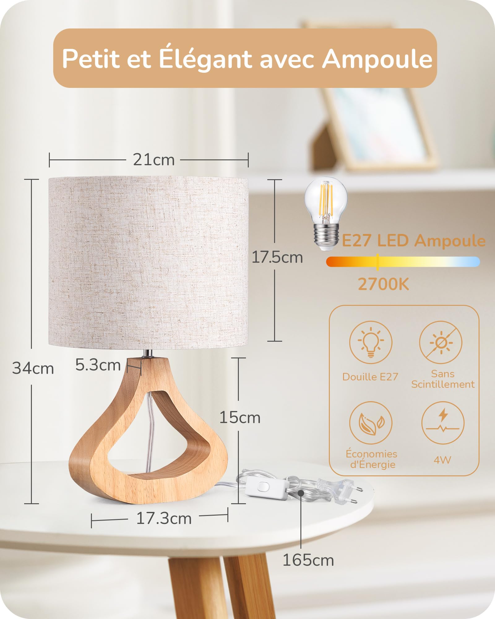 EDISHINE Lampe de Chevet avec Abat-jour en Lin & Base en Bois Massif de Teinte Chêne Clair, E27 4W Ampoule LED Incluse, 2700K Blanc Chaud, H34 cm, Ø21 cm, Lampe de Table Moderne pour Salon, Chambre