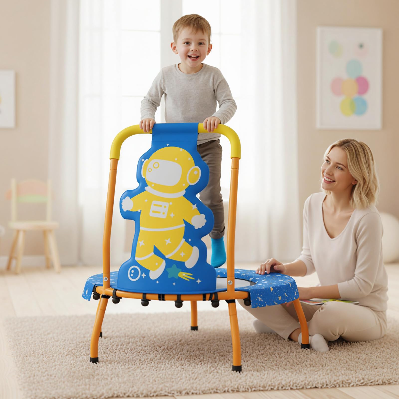 GYMAX Trampolino per Bambini 71cm con Maniglia, Tappetino di Sicurezza Senza Spazi e Maniglia in Schiuma, Trampolino Piccolo da Interno per Bambini 3+ Anni, Portata 80 Kg
