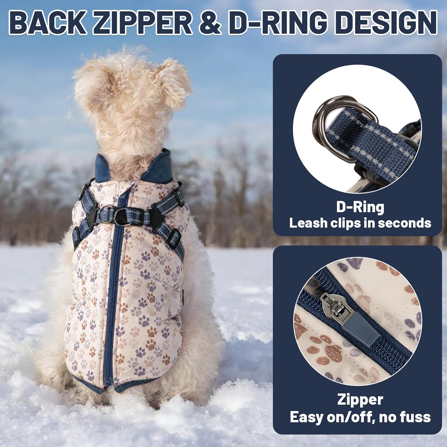 Dog Winter Coat for Small & Medium Dogs, Waterproof Dog Coat with Harness, Puppies Windproof Puppy Puffer Jacket, Snowsuit for Dachshund, Frenchie, Corgi (Paw Blue,M)