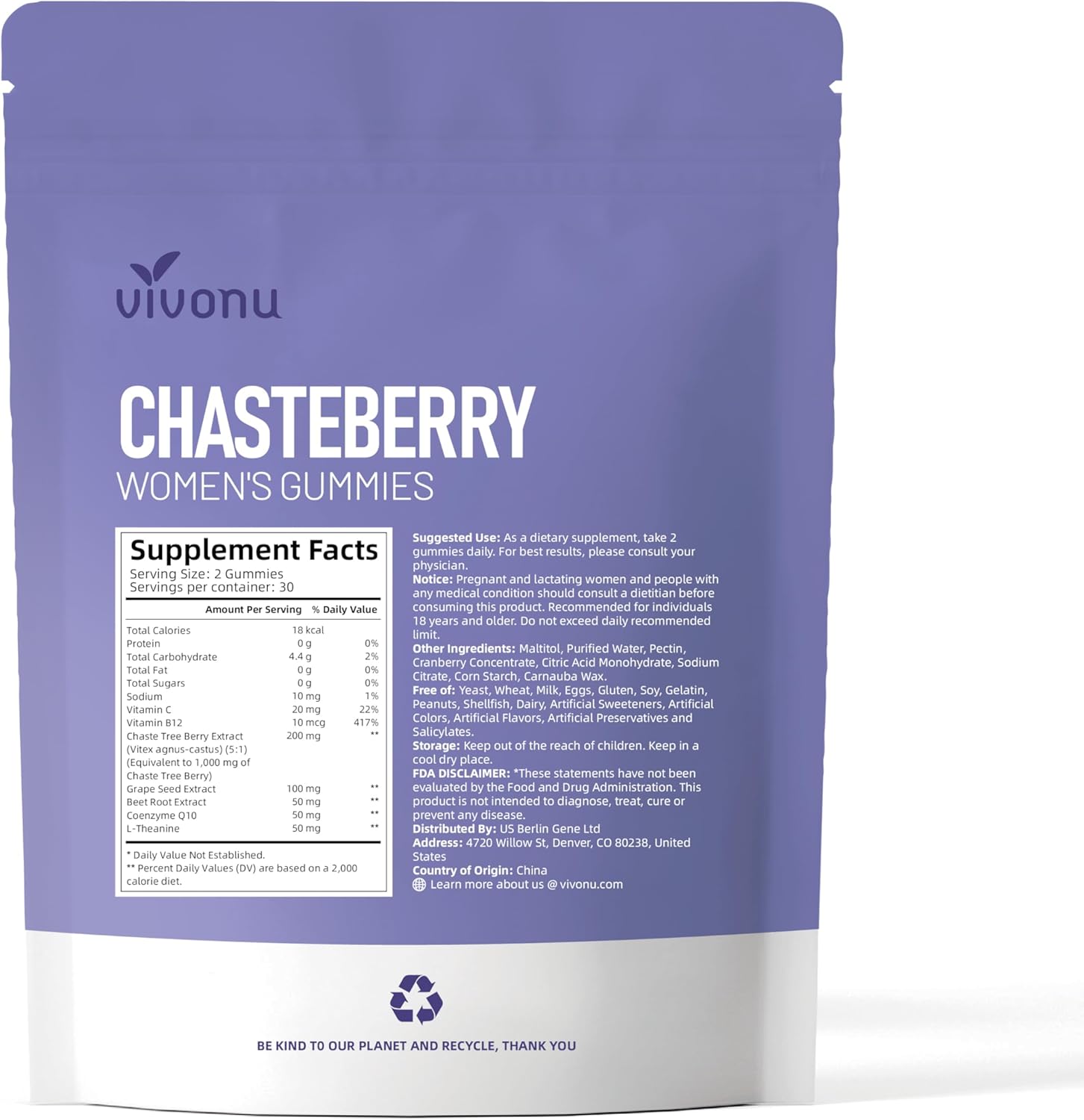 Chasteberry Supplement for Women Gummies, 1000mg Chasteberry Extract, Contains Grape Seeds, Coenzyme Q10 Vitamin B12 and Other Trace Elements Hormone Balance Menstrual Cramp Relief (60 Gummies/1Bag)