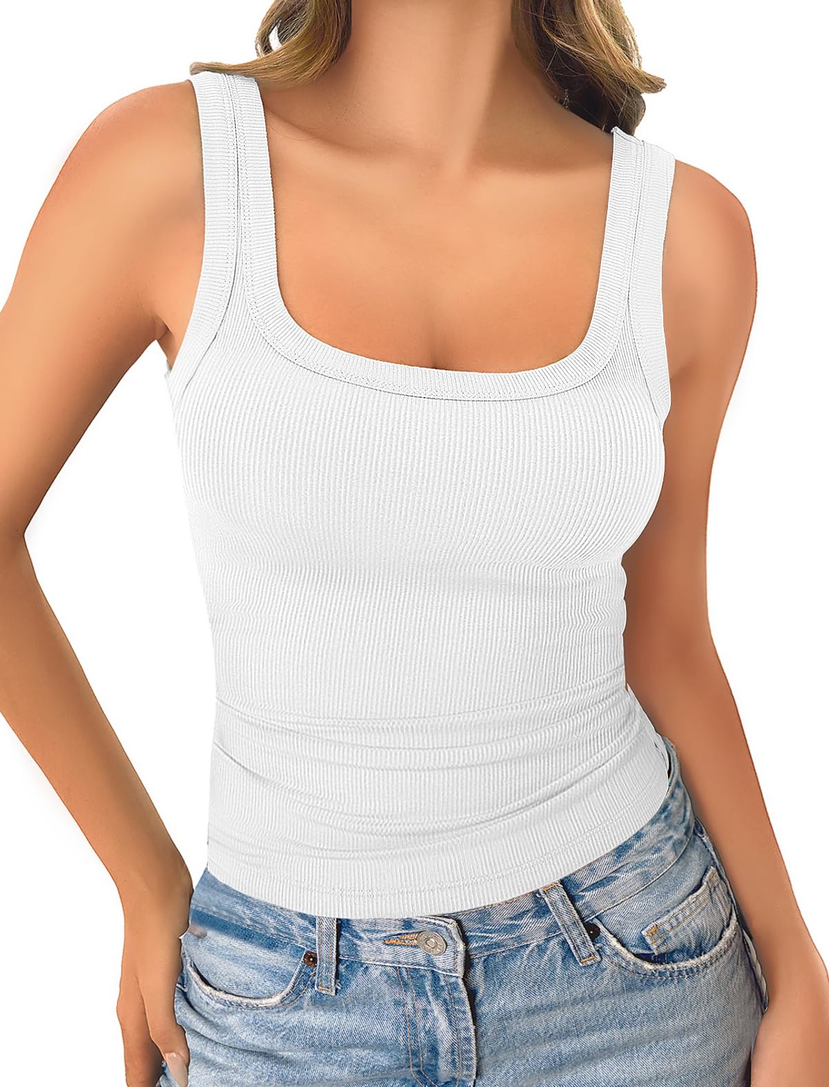 Womens Tank Tops Scoop Neck Sleeveless Ribbed Tank Summer Basic Thick Strap Slim Fitted Racerback Tops