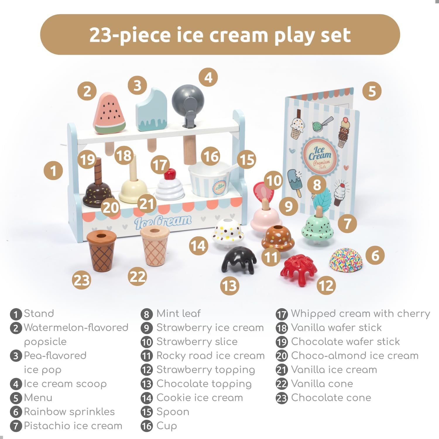 UMU® Wooden Ice Cream Counter Play Set Toy - Pretend Kitchen Accessories for Kids, Interactive PretendFood ,Montessori Shape Sorter 21 PCS Toddler Christmas Birthday Toys Gift 3+ Kids Girls &Boys