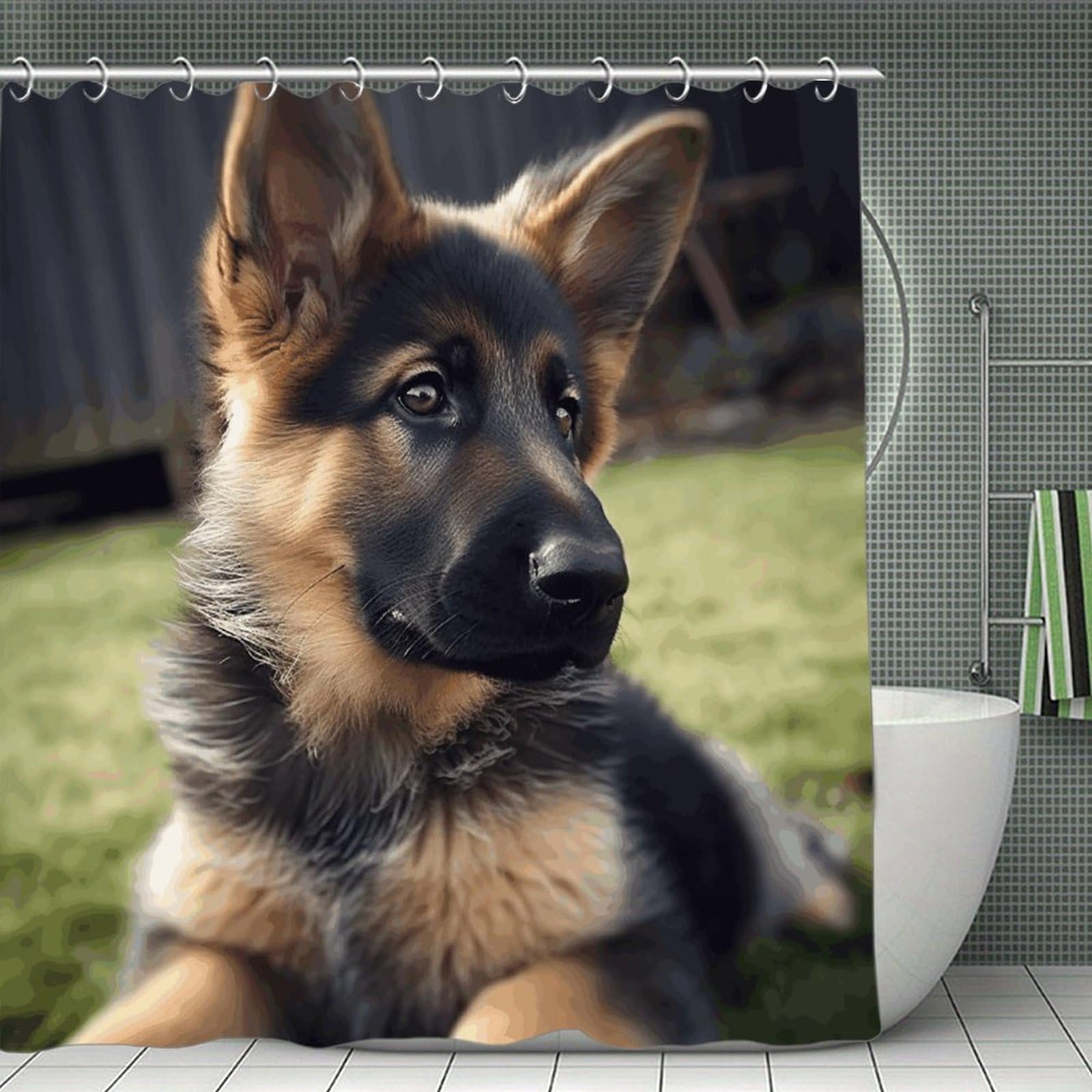VstaDank German Shepherd Puppy Shower Curtain Waterproof Bathroom Curtain with Hooks Luxury Weighted Bath Curtains for Bathtubs Showers Room Dividers Decorative Shower Curtains 71x71 in