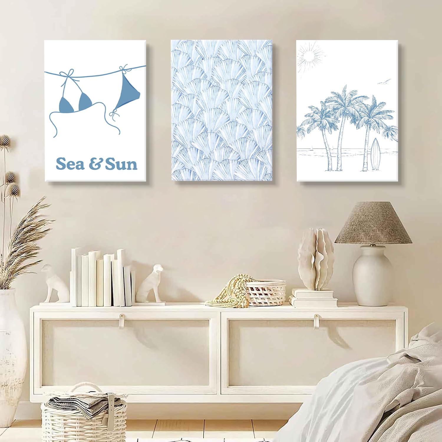 3 Pcs Blue Beach Bikini Shell Wall Art Preppy Coastal Wall Art Trendy Swimwear Beach Aesthetic Painting Pictures Wall Decor Coastal Granddaughter Blue Room Decor for Girls Dormitory 16x24in Canvas
