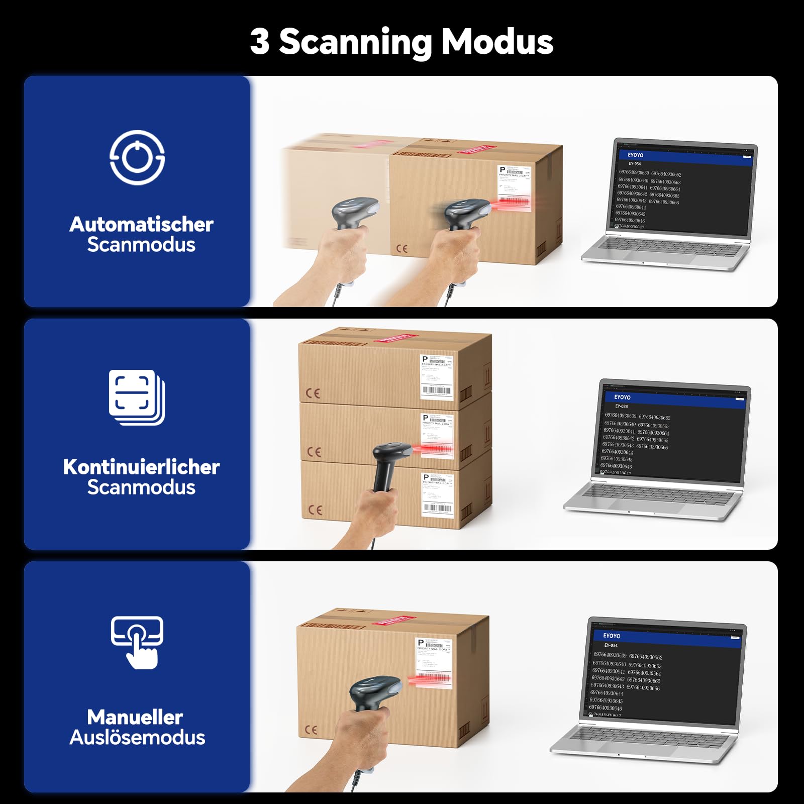 Eyoyo 2D Barcode Scanner, Lector de Códigos de Barras QR con Exploración de Pantalla, Portátil Escáner de Códigos de Barras Cableado con Cable USB para Supermercados Farmacias Bibliotecas Tiendas