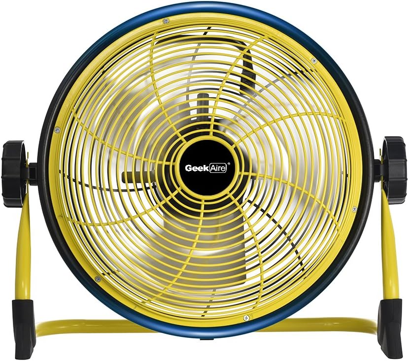 Geek Aire Rechargeable Outdoor Floor High Velocity Fan, Cordless, Max 1500 CFM High Performance Airflow, Up to 24 Hours Run Time, with USB Output for Recharging Digital Devices, 12 inch Metal Blade