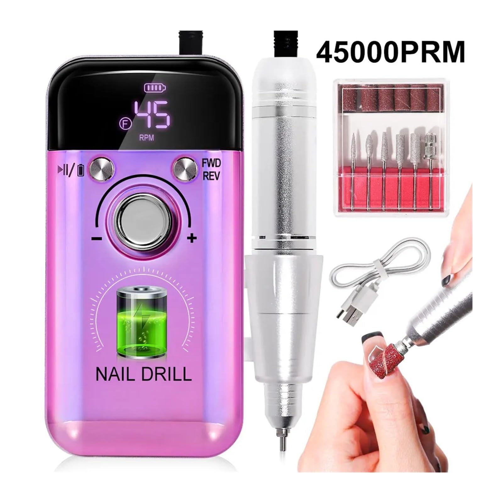 Kit Trapano per Unghie Senza Fili da 45000 Giri/min - 6 Punte Professionali e Nastri abrasivi, Ricaricabile Tramite USB con Display a LED, levigatrice per Manicure Portatile per Salone e casa (DMJ)