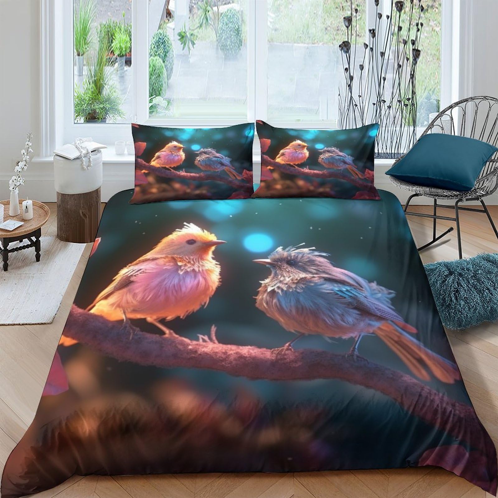 Parure de lit lovebirds 3d avec housse de couette double 200x200 et taies en microfibre