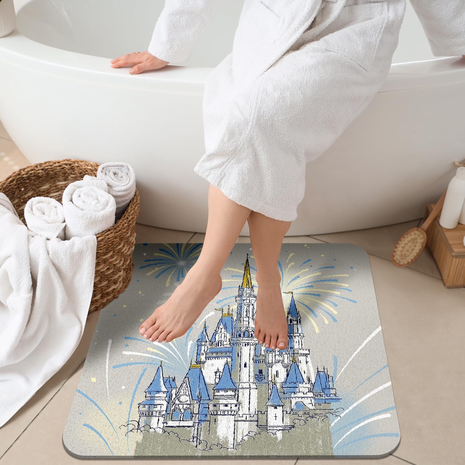 Cute Cartoon Blue Castle Theme Bathroom Rugs Bath Mat Shower Non Slip Absorbent Washable Firework Bath Mat for Kitchen/Front Door/Living Home 24x24in