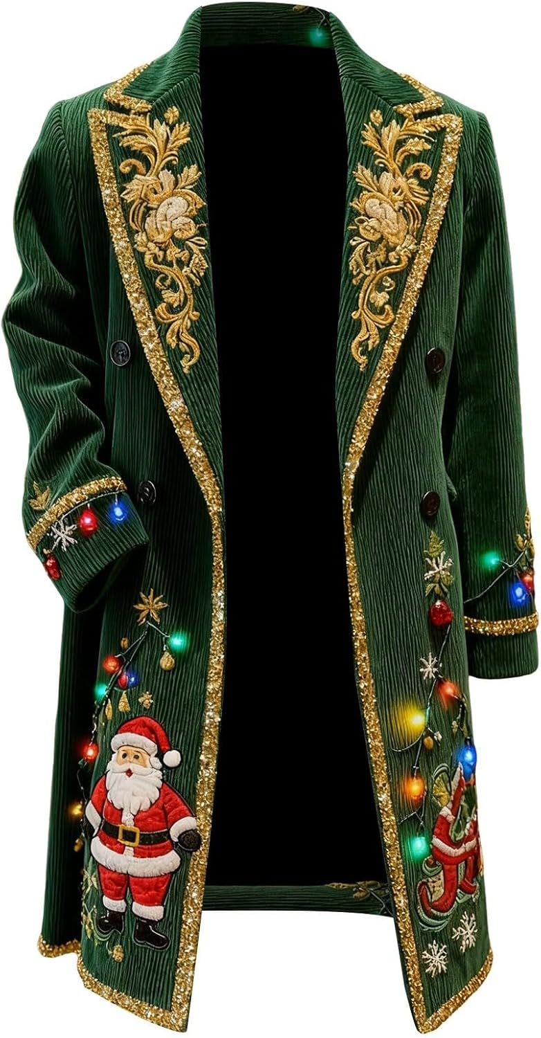 Christmas Blazer for Men Mid Long Corduroy Double Breasted Business Xmas Graphic Suit Jacket Slim Fit Business Jackets